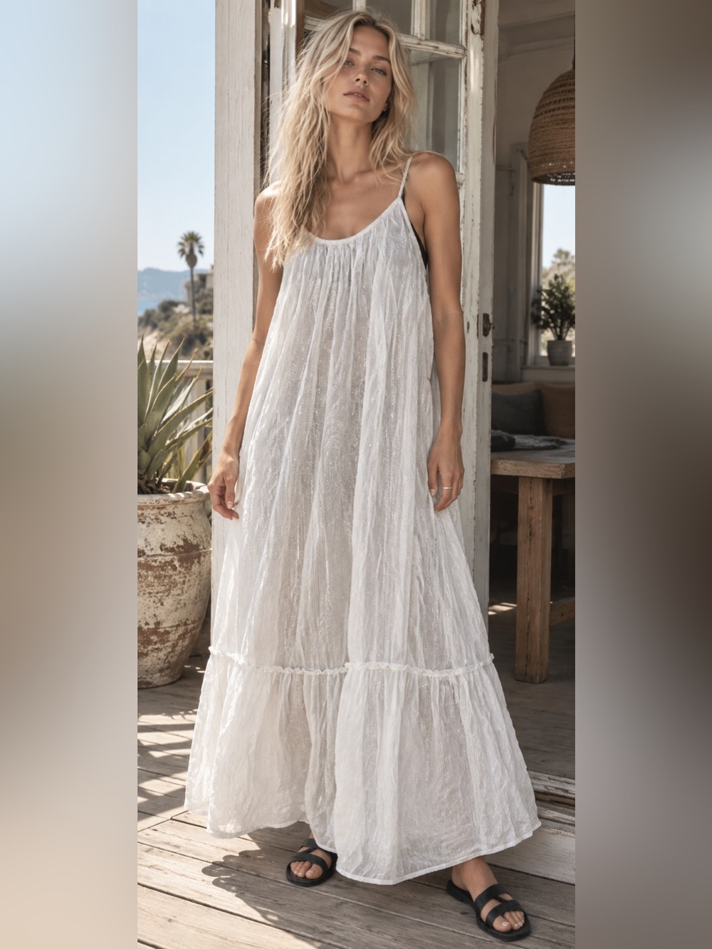 Debbie Katz South Beach White Sequin Tiered Maxi Dress Cover-Up S